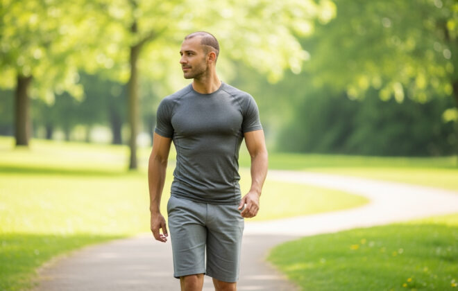 Saç ekimi sonrası spor yapan erkek parkta yürüyüş yapıyor