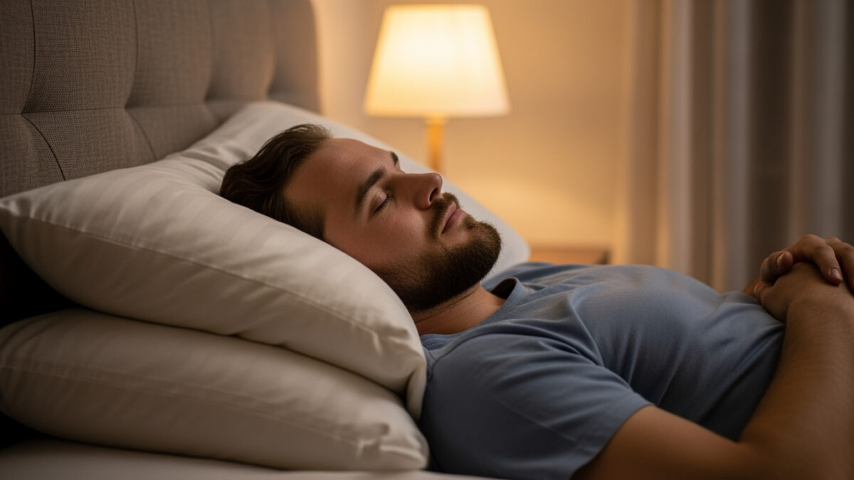 Saç ekimi sonrası uyku pozisyonu için başı yüksek yastıklarla uyuyan erkek